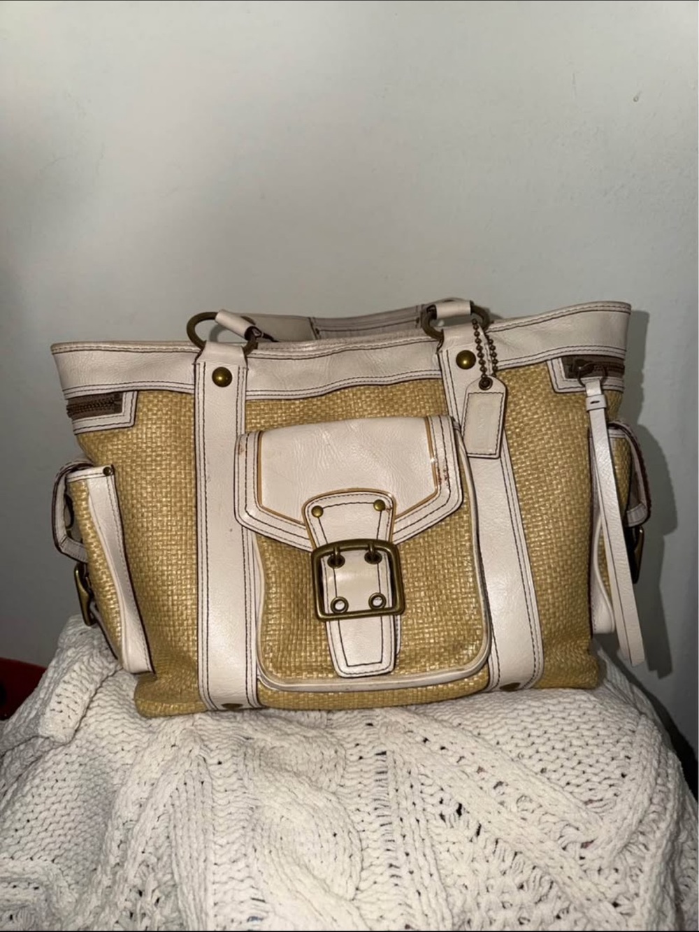 Coach Straw Tote with Cream Trim and Brass Hardware